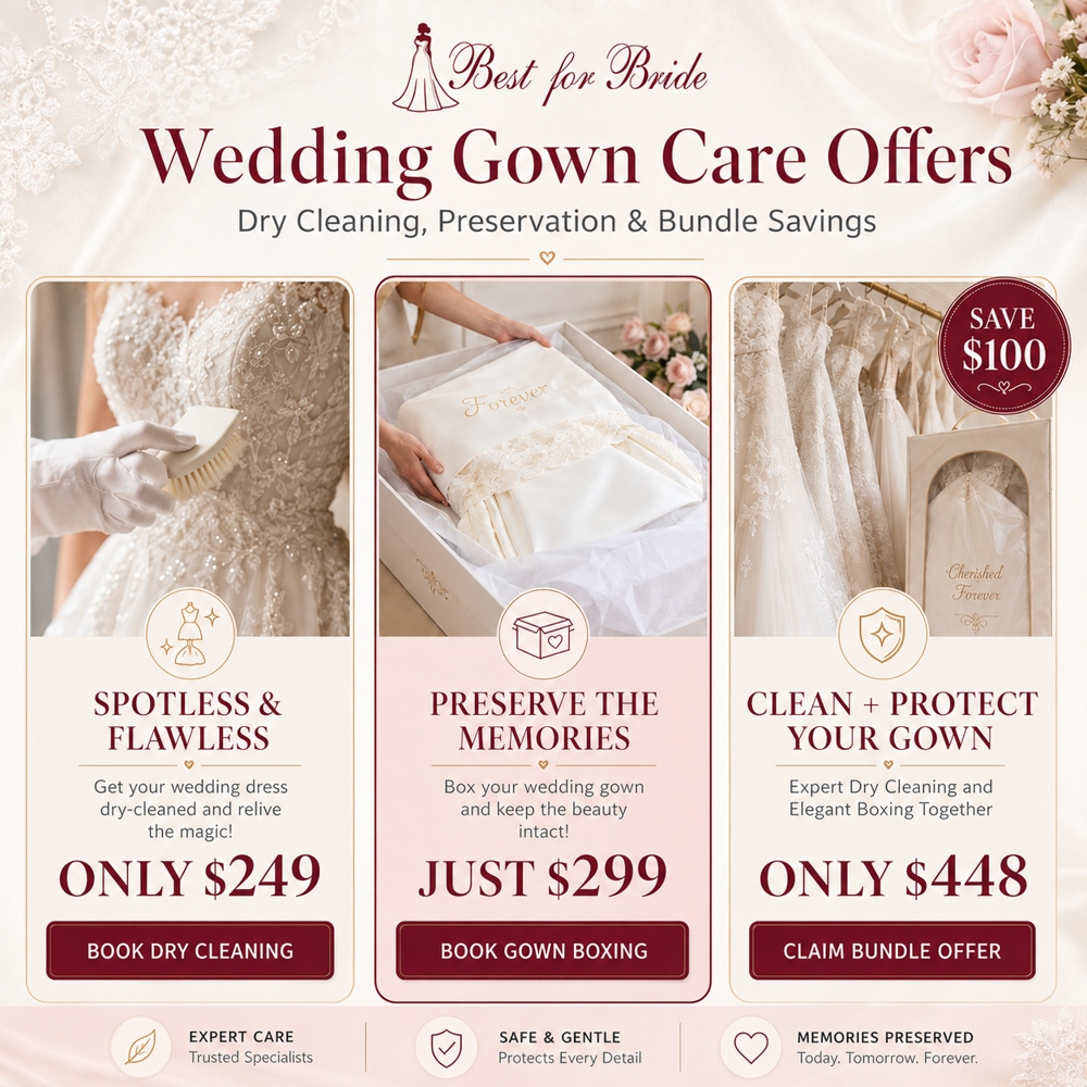 Wedding gown care offers: dry cleaning $249, gown boxing $299, or cleaning and boxing bundle $448