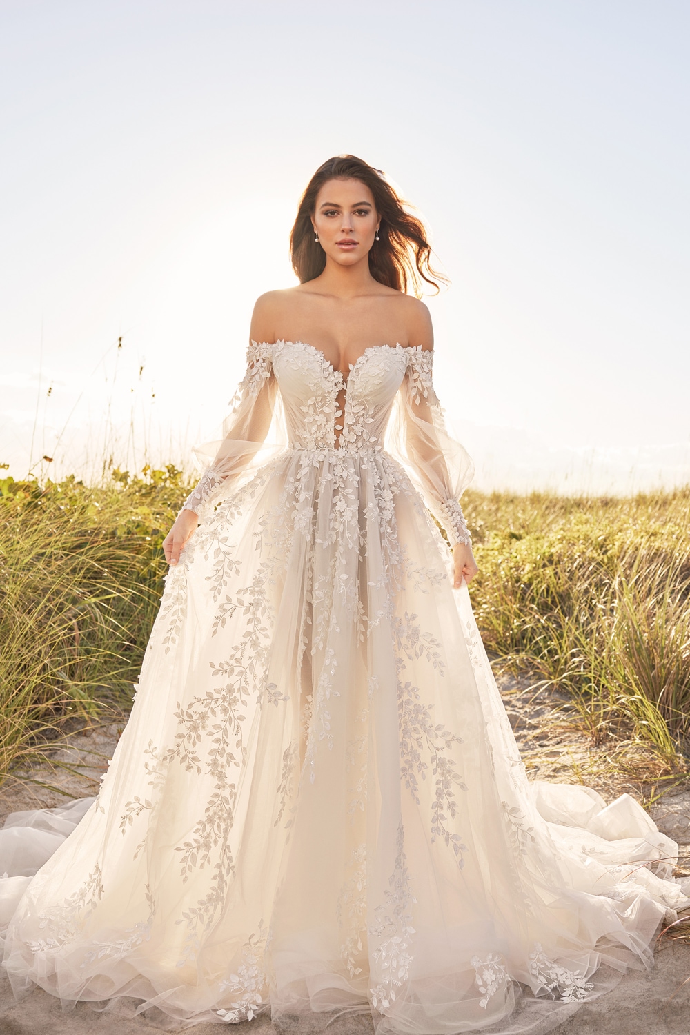 Ivory off-the-shoulder floral lace A-line wedding dress with detachable sleeves