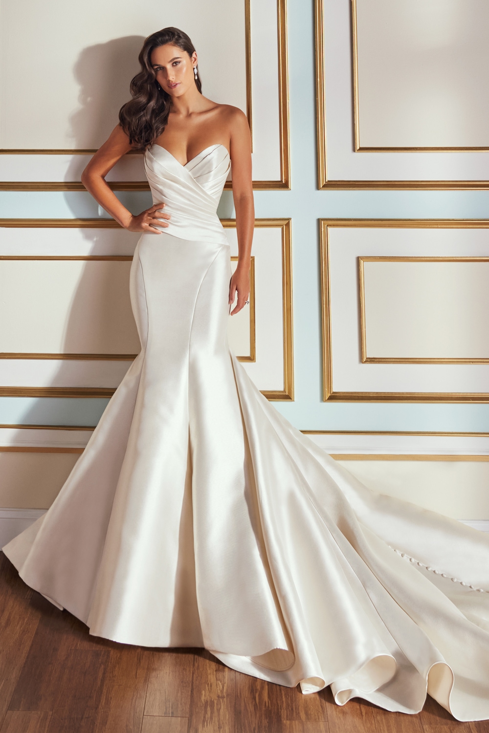 Cafe satin strapless fit-and-flare wedding gown