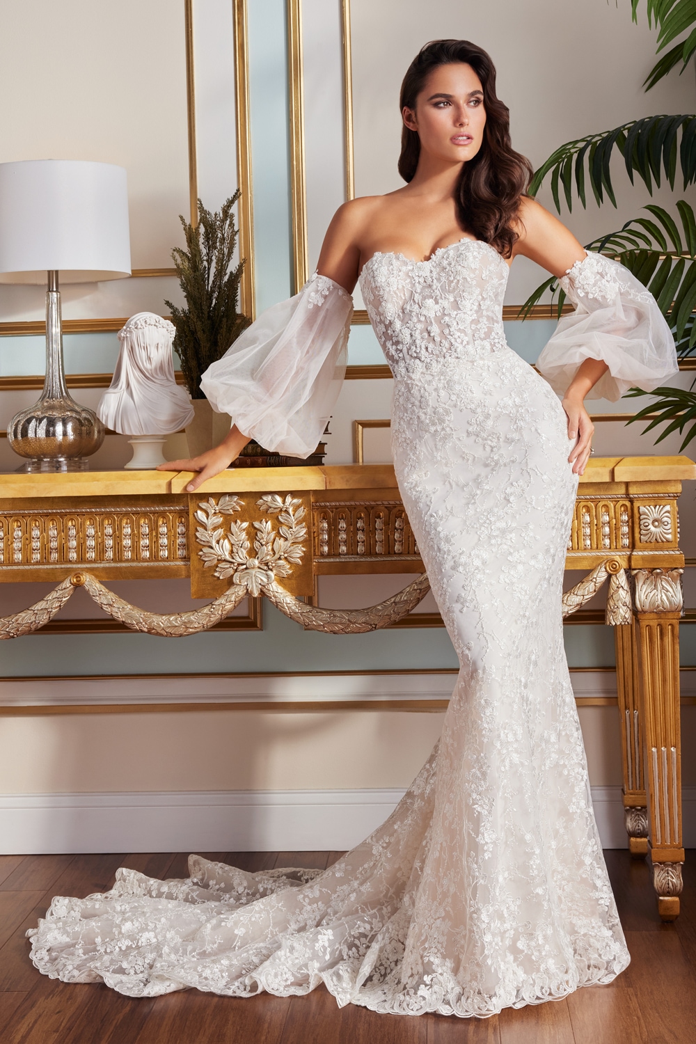 Ivory and petal floral A-line wedding dress with off-the-shoulder sleeves