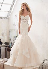 Bridal Dress: Mori Lee Bridal SPRING 2017 Collection: 8118 - Marciela - Diamant&eacute; Beaded Alen&ccedil;on Lace Appliqu&eacute;s on Horsehair Flounced Tulle Mermaid with Appliqu&eacute;d Shoulder Straps 