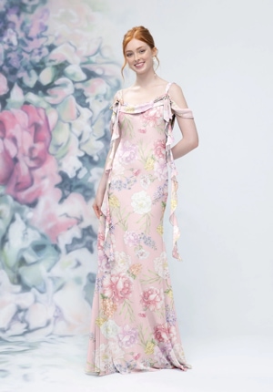  Dress - Morilee Bridesmaids Collection: 3030020 - Floral Printed Bias Cut Cowl Detail Bridesmaid Dress with Ruffles | MoriLee Evening Gown