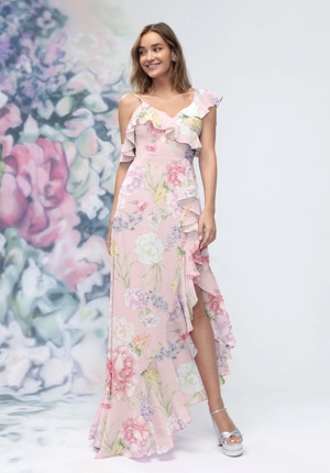  Dress - Morilee Bridesmaids Collection: 3030022 - Asymmetric Ruffle Floral Printed Chiffon Bridesmaid Dress | MoriLee Evening Gown